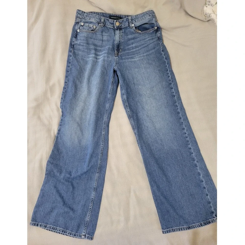 Aeropostale High Rise Wide Leg Jeans Medium Wash Blue‎ Denim Size 12 RN154379